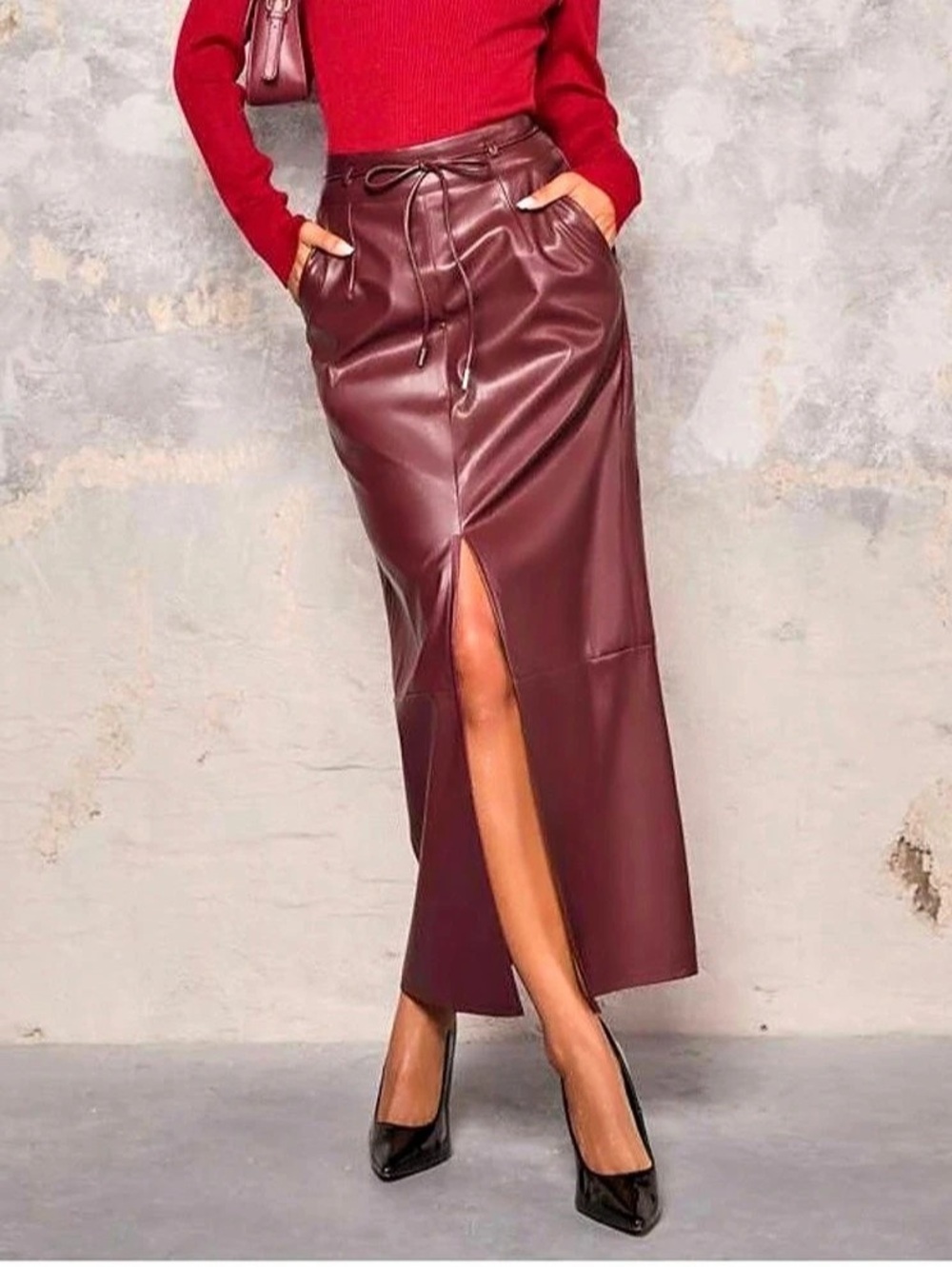 Cider Faux Leather High Waist Drawstring Split Maxi Skirt, Burgundy size L